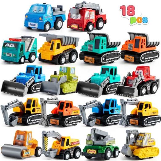 Joyfy 18 Pcs Toy Cars for kids, Friction Pull Back Play Car Vehicle Party Favors, Mini Excavator Toy Trucks for Boys 2 3 4 5 6 Years Old