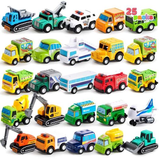 JOYFY 25 Pcs Kids Toy Cars Bulk, Pull Back Cars and Trucks Play Vehicles Set, Mini Excavator Party Favors Birthday Gift for Boys and Girls