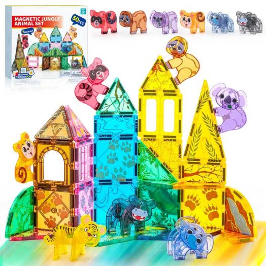 Joyfy 50PCS Jungle Animal Magnetic Tiles Educational Toy Building Set with 7 Cute Animals, 3D STEM Learning Toys for Toddler & Kids 3-8, Gift for Birthday Christmas