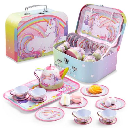 Joyfy Unicorn Tea Party Set for Girls, Pretend Tin Teapot Set with Teapot, Cups, Plates, Carrying Case, Princess Tea Time Play Kitchen for Christmas Birthday Gift
