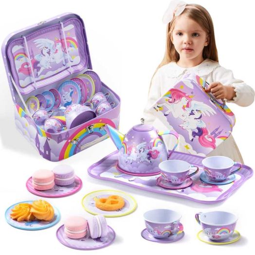 Joyfy Unicorn Tea Party Set for Girls, Pretend Tin Teapot Set with Teapot, Cups, Plates, Carrying Case, Princess Tea Time Play Kitchen for Christmas Birthday Gift