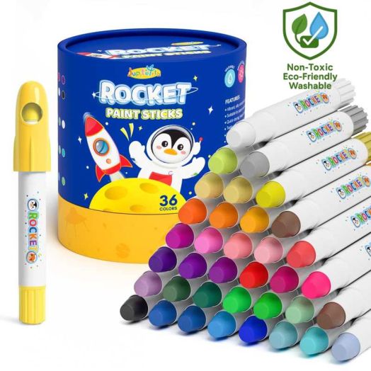 Jupitearth 36 Ct Rocket Quick Drying, Non-Toxic and Washable Tempera Paint Sticks with 120 PDF Coloring Pages for Kids and Students,school supplies