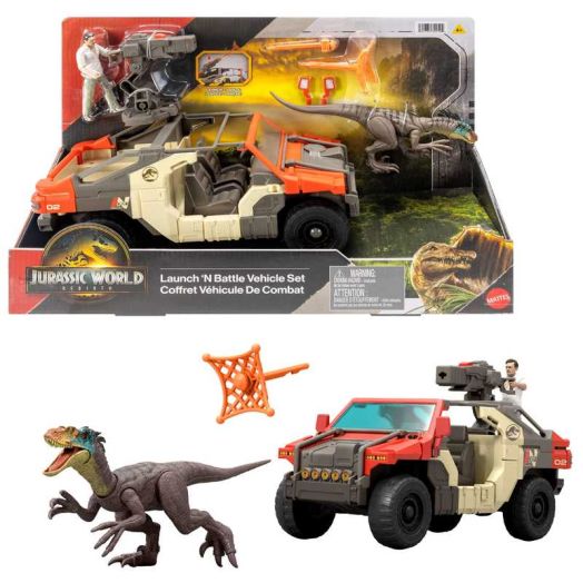 Jurassic World Rebirth Launch 'N Battle Vehicle with 1 Human & 1 Raptor Figure, Turret & Projectiles | Jurassic World