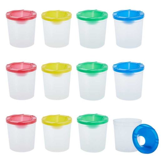 Juvale 12 Pack No Spill Paint Cups With Lids for Kids, Arts and Crafts Supplies for Classrooms (4 Colors, 3 x 3 In) - Paint Water Cup - No Mess Painting for Toddlers