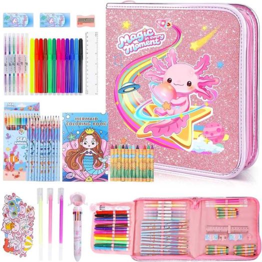 72PCS Fruit Scented Markers Set - Coloring Drawing Kits for Kids with Axolotl Pencil Case, Supplies for Kids Ages 4 6 8,Stationary Set Pencil,Crayon&Markers Stuff,Birthday Gifts Toys for Girls