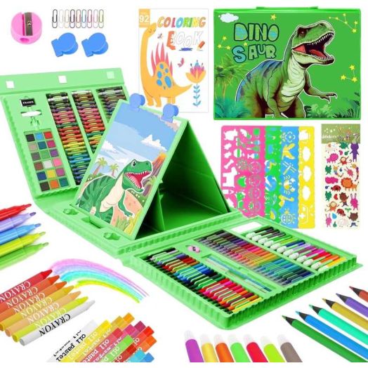 JYPS Art Supplies for Kids Ages 4-12,Dinosaur Drawing Sets Art Case,Coloring Kits with Double Sided Trifold Easel,Crayon,Colored Pencil,Marker,Coloring Book,Drawing Stuffs Gifts for Boys Age 4-6-8