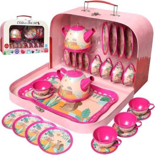 Kiddie Play Tea Set for Little Girls, Pretend Play Tea Party Set, Squirrel Design Kids Tin Tea Set with Carrying Case (15 Pcs)