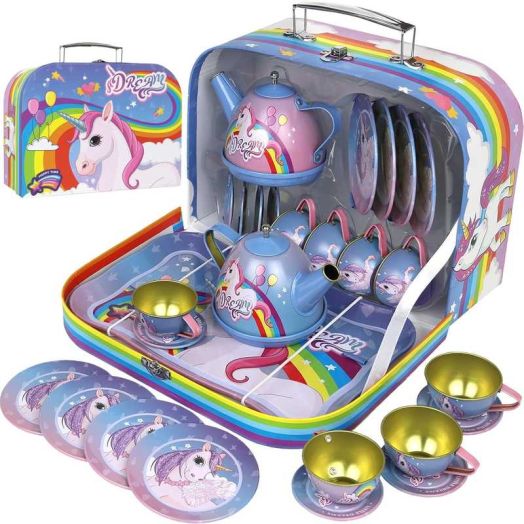 Tea Set for Little Girls, Pretend Play Tea Party Set, Unicorn Design Kids Tin Tea Set with Carrying Case (15 Pcs)
