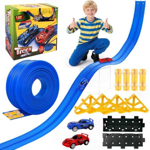 KiddiTouch 15 Ft Flexible Race Car Track for Kids, Hot Racing Wheels Track Set with Suction Cups, Compatible with Diecast 1/64th Cars, Rolls up Portable DIY Racetrack