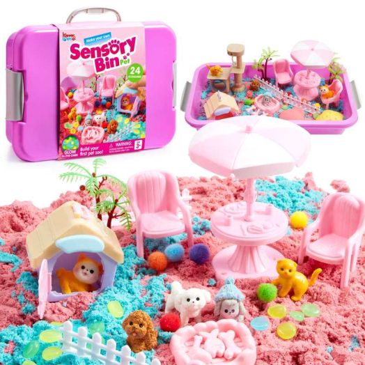 Klever Kits Pet Themed Sensory Bin with Glow-in-The-Dark Stones Lid Dual-Color Sand, Play Sand Toy Preschool Learning Gifts for Boys Girls Age 3+