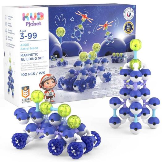 KUB Planet: Magnetic Building Set - Astral Neon - 100pc Space Color Construction Blocks, Click-Build-Play, STEM Educational Stacking Toy, Kids 3+