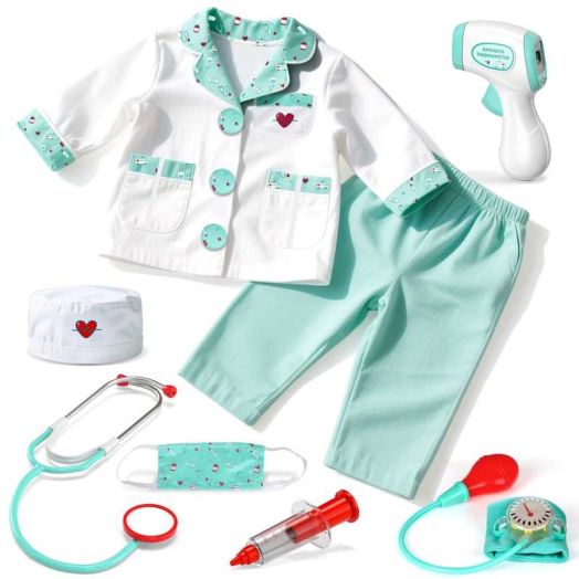Doctor Costume for Kids Doctor Coat, Doctor Dress Up and Play Set 8 PCS with Real Stethoscope, Lab Coat Career Day Costume Kit for Toddlers Boys Girls 3-4 year old/ 110cm - Green