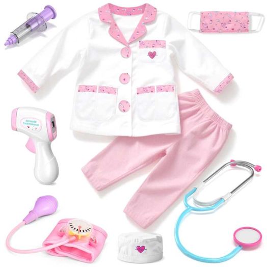Doctor Costume for Kids Doctor Coat, Doctor Dress Up and Play Set 8 PCS with Real Stethoscope, Lab Coat Career Day Costume Kit for Toddlers Boys Girls 3-4 year old/ 110cm - Pink