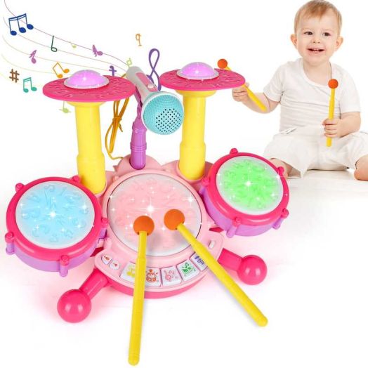 Kids Drum Set Toddler Toys for Boys Girls Kids Music Toys for Toddlers Drum Set for Kids with 2 Drumsticks and Microphone Baby Drums Toys for 1 2 3 Year Old (Pink)