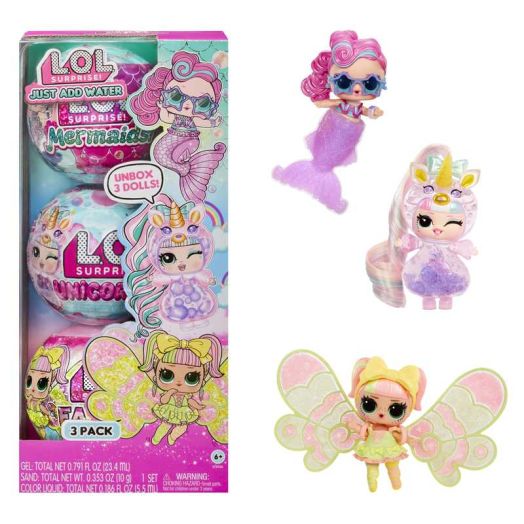 LOL Surprise Tots Just Add Water 3-Pack with 3 Make-Your-Own Fantasy Dolls, Mermaid, Fairy, and Unicorn, Kids Gift Ages 4+