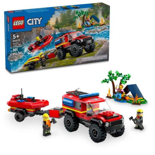 LEGO City 4x4 Fire Truck with Rescue Boat Building Toy - Fire Truck Toy for Kids, Boys & Girls, Ages 5+ - Gift for Christmas - Pretend Play Set for Preschool - 60412