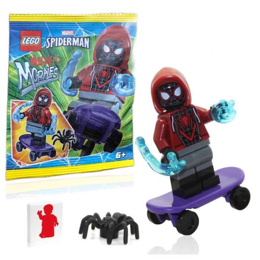 LEGO Marvel Superheroes Spider-Man Across the Spider-Verse Minifigure - Miles Morales Minifigure with Skateboard, Spider, Cool Web Blasts, and Minifigureland Tile 76178