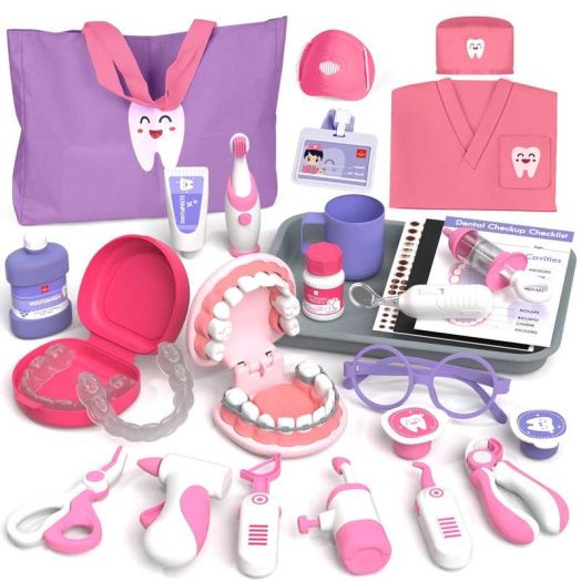Doctor Kit for Kids Toddler Toys for 3+ 4 5 6 Year Old Girls, Kids Doctor Play Set, Dentist Kit for Kids, Doctor Costume & Dental Tools, Pretend Doctor Learning Toys for Toddlers Birthday Gift (Pink)