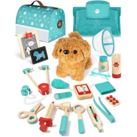 Pets Doctor Kit Toy, 21Pcs Pretend Play Pet Doctor Set for Toddlers, Realistic Wooden Medical Kit Role Play Set, Gifts for Boys Girls 3+ Years