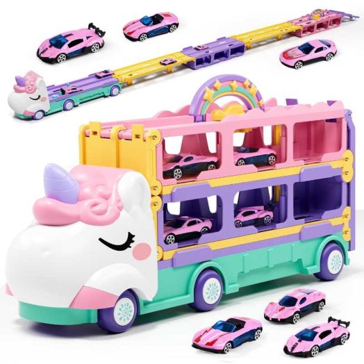 Toddler Girl Toys, 5-in-1 Unicorn Truck Toddler Toys Car for Girls, 2 Year Old Girl Toys , Unicorn Toys, Car Carrier Truck Toy with 4 Die-Cast Small Cars, Car Toy Gift for 2-5 3 4 5 6 Girls