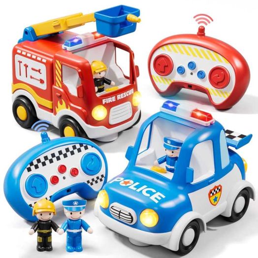 Toys for 2 Year Old Boys Toys, 2 Rechargeable Remote Control Car for Toddler, Kids Toys Age 2 3 4 5, Police Car and Fire Car with LED Lights & Music, Gifts for Toddler Boys 18+ Months
