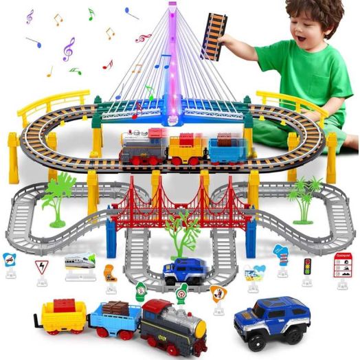 LINXUXIE 113 PCS Train Tracks Set, Locomotive Train Toys with Bridge Road and Sign, Birthday Gifts for 3-5 5-8 Year Old