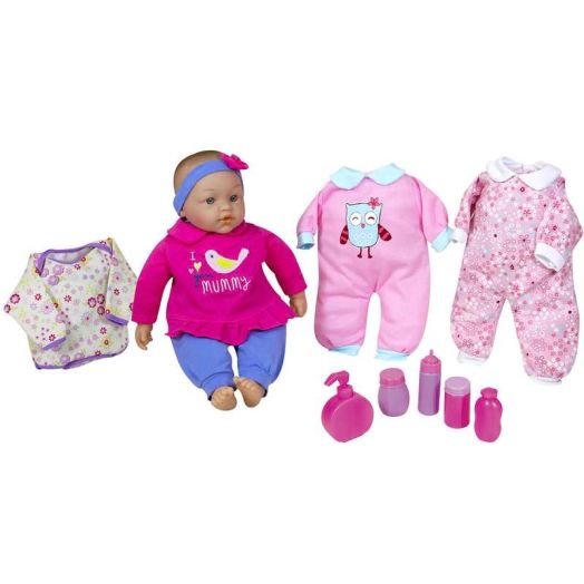 Lissi: 15" Talking Baby Doll Lucy Set - Pink & Blue - I Love You Mummy Shirt, 3 Extra Outfits, 6 Interactive Sounds, Toy Accessories, Kids-Toddlers 2+