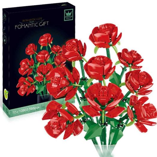 Litotail Valentine's Day Red Rose Building Blocks Flower Bouquet Set, 1999 Pieces