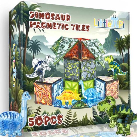Little Pi Dinosaur Building Magnetic Tiles for Kids Ages 3-8 - STEM, 50 Pcs