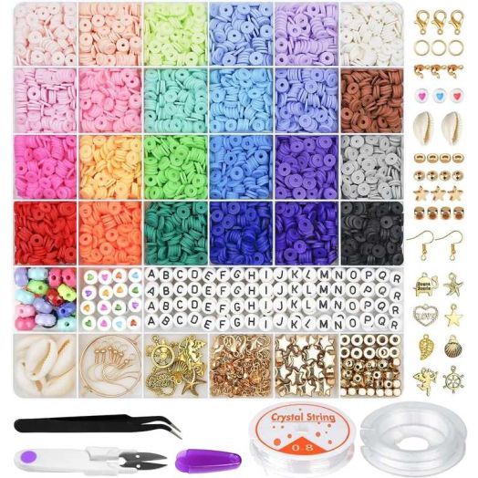 LQQBOX 6000 PCS Clay Beads Bracelet Making Kit, 24 Color DIY Flat Preppy Beads for Friendship Jewelry Making, Polymer Heishi Beads with Charms Gifts for Teen Girls Crafts for 8-12