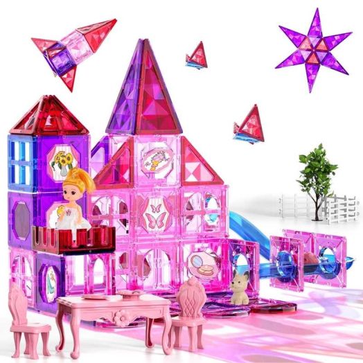Lucky Doug 66 PCS Magnetic Tiles for Kids Girls, Construction STEM Building Blocks Educational Toy, Building Toys for Girls Ages 3+