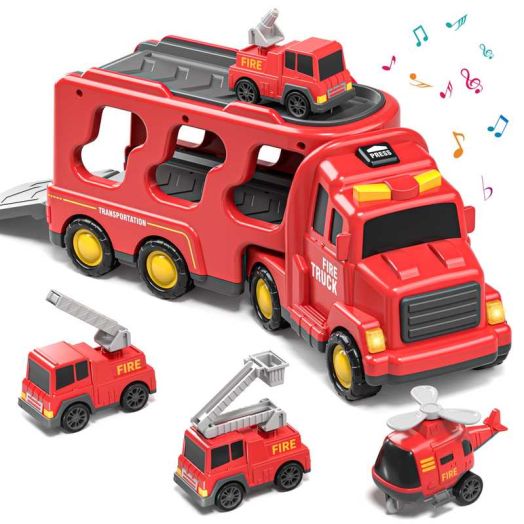 Lucky Doug Fire Truck Car Set for Toddlers Ages 1-3-5, 5 in 1 Carrier Truck Toys with Light & Sound, Toddlers Boys Toys Ages 2 3-5 as Birthday Gift