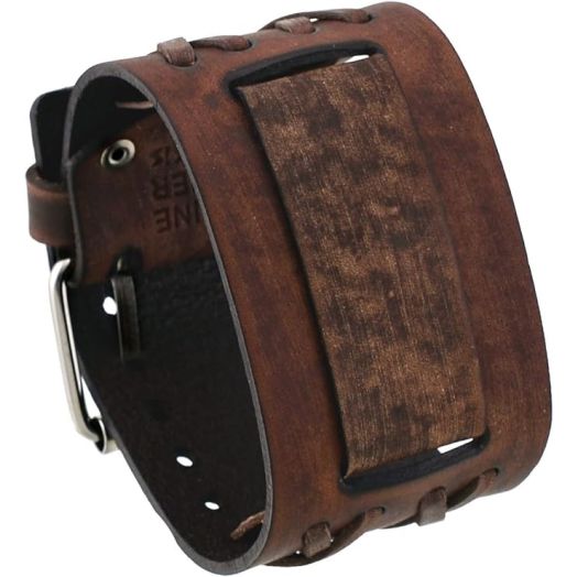 Nemesis  #DXB-B 24mm Lug Width Wide CRIS Cross Distressed Moro Brown Leather Cuff Wrist Watch Band
