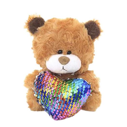 Made by Aliens Personalized Brown Qbeba Teddy Bear Stuffed Animal Plush Toy -With Colorful Heart Pillow- Perfect Gift for Valentine Day -Christmas- Birthday-6 Inches