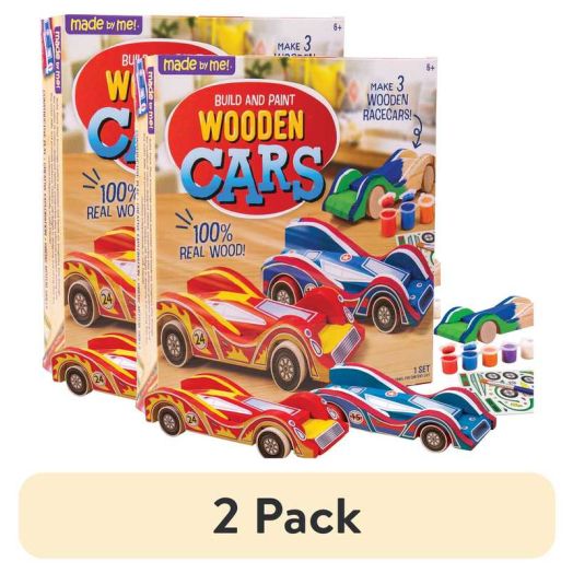 (2 pack) Made by Me Build & Paint Wood Cars, 3 Race Car with Moving Wheels, Boys and Girls, Child, Ages 6+