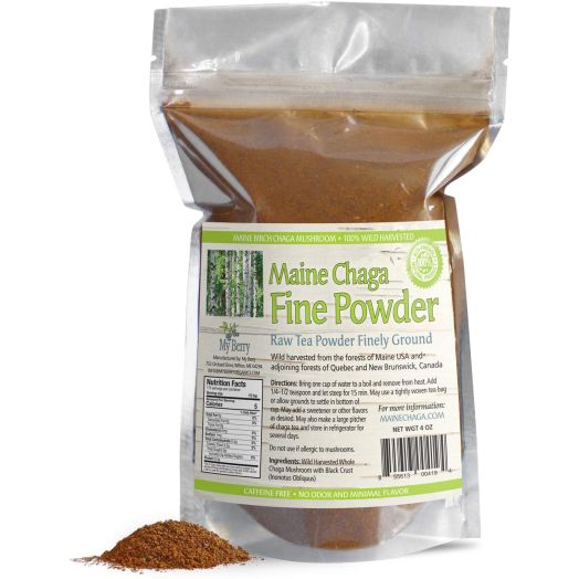 Maine USA Wild Harvested Raw Fine Chaga Mushroom Powder, 4oz, Makes 300-600 servings of 1/4-1/2 teaspoons.