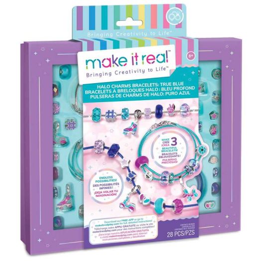 Make It Real: Halo Charms Bracelets - True Blue - Create 3 Metallic Bracelets, 28 Pieces, All-In-One, DIY Unique Charm & Bead Jewelry Kit, Tweens & Girls, Arts & Crafts, Kids Ages 8+