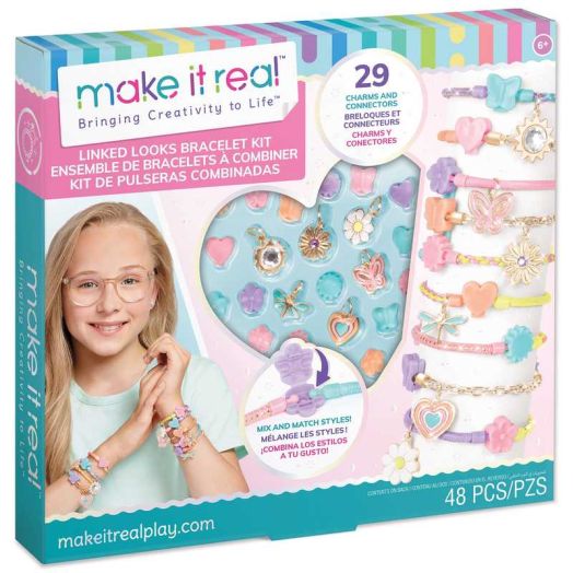 Make It Real: Linked Looks - 48pc DIY Bracelet Kit, Pastel Charms & Connectors, Mix & Match Styles, Cord Bracelet Jewelry Craft Set, Girls & Kids 6+