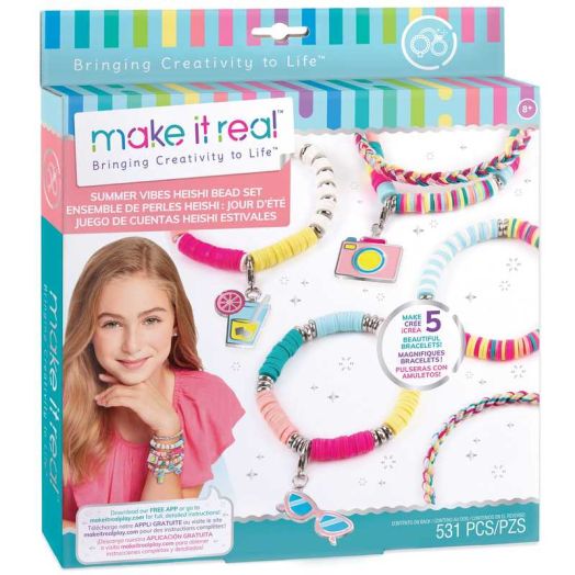 Make It Real: Summer Vibes Heishi Bead Set - Create 5 Unique Cord Charm Bracelets, 531 Pieces, Includes Play Tray, All-In-One, DIY Charm & Bead Jewelry Kit, Tweens & Girls, Arts & Crafts, Kids Ages 8+