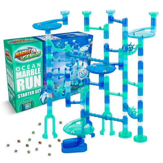 Marble Genius Marble Run Starter Set STEM Toy for Kids Ages 4 - 12 - 130 Complete Pieces (80 Translucent Marbulous Pieces and 50 Glass Marbles), Construction Building Block Toys, Theme (Ocean),
