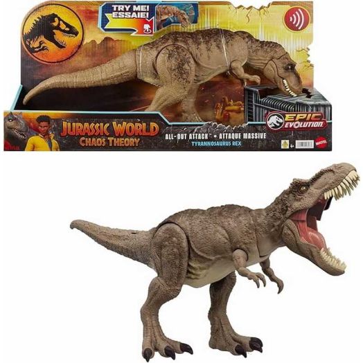 Mattel Jurassic World All-Out Attack Tyrannosaurus Rex Dinosaur Action Figure Toy, T. rex with Rampage Attack, Chomp & Roar & Evolved Spikes, Digital Play