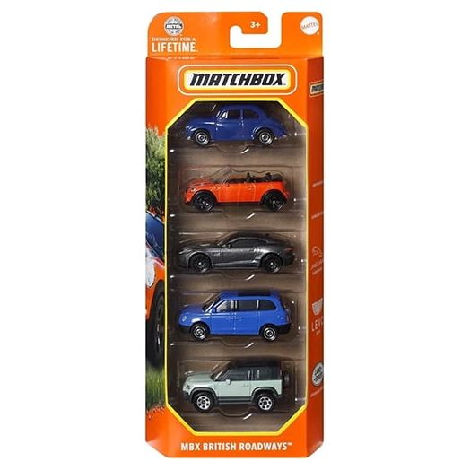 Mattel Matchbox Vehicles 5-PACK - MBX BRITISH ROADWAYS (Mini Cooper, Land Rover, Jaguar +2)[JBX33]