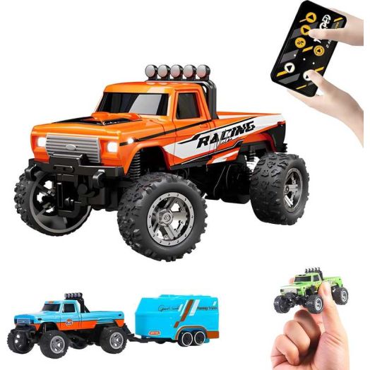 Mini Rc Monster Truck, 1:64 Scale Monster Truck Remote Control Car with Lights, 2.4Ghz Remote Control, Mini Alloy Monster Truck Rc, Speed/Steering Adjustable (Orange)