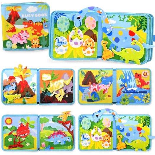 Meafeng Busy Board for Toddlers, 8 in 1 Dinosaur Theme Montessori Toys for 1 2 3 Year Old Boys Girls, Activity Sensory Toys Travel Toys Gift for Toddlers