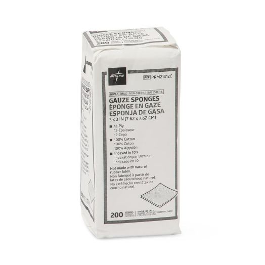 Medline Woven Gauze Sponge, 3 x 3 Inch 12-Ply Non-Sterile Bag of 200