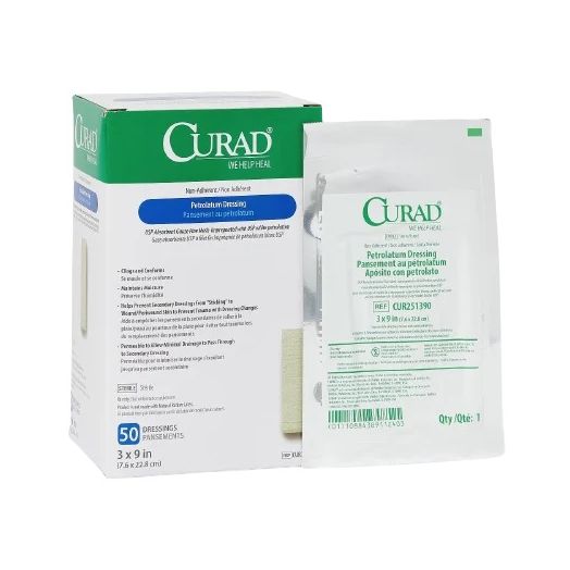 Medline Curad Sterile Non-Adherent Petrolatum Gauze Dressing, 3" x 9" Box of 50