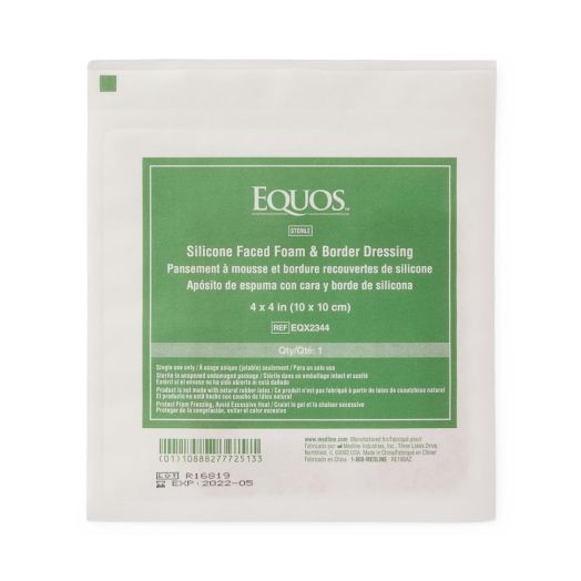 Medline EQUOS 5-Layer Square Foam Dressing with Silicone Adhesive, 4 x 4 Inch