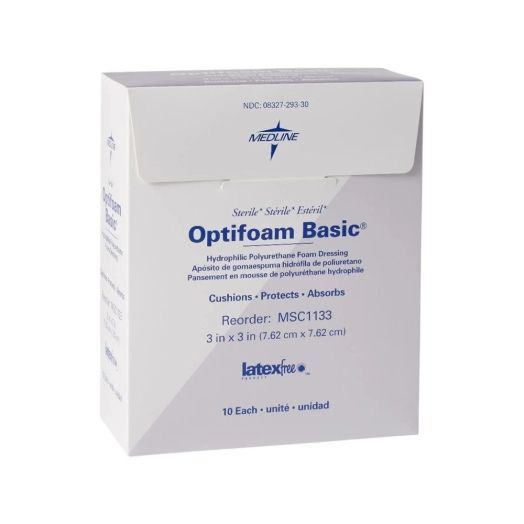 Medline Optifoam Basic Hydrophilic Polyurethane Foam Dressing, 3 x 3 Inch Fenestrated
