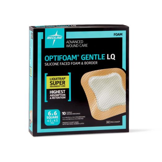 Medline Optifoam Gentle LQ Silicone-Faced Foam Dressing, 6 x 6 Inch Bordered