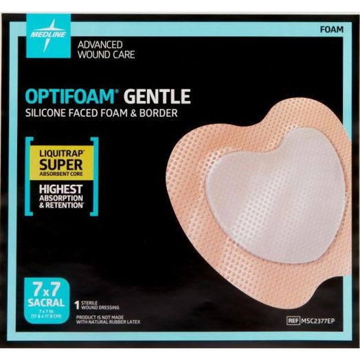 Medline Optifoam Gentle LQ Silicone-Faced Foam Dressing, 7 x 7 Inch Bordered Sacrum